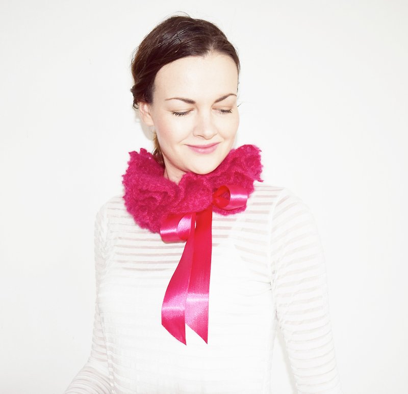 Fuchsia Pink Crochet Ruffle Scarflette With Satin Ties - Romantic Handmade Lace Ruffle Collar Scarf in Hot Pink - Choose Your Color! - ผ้าพันคอ - วัสดุอื่นๆ สึชมพู