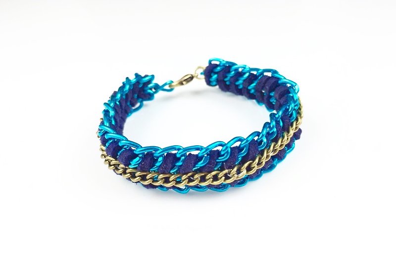 麂皮繩藍 x 螢光鋁鍊 - 手鍊/手環 - 真皮 藍色