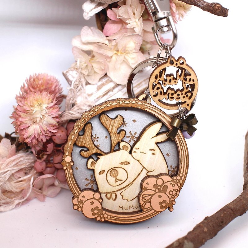 Bear and elk rabbit / hardcover - Keychains - Wood Pink