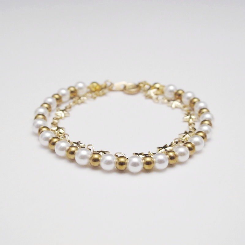 [Orange] MUCHU Mu Miss Pearl. Shell pearl bracelet brass double stars / bracelet PB040 - สร้อยข้อมือ - โลหะ ขาว