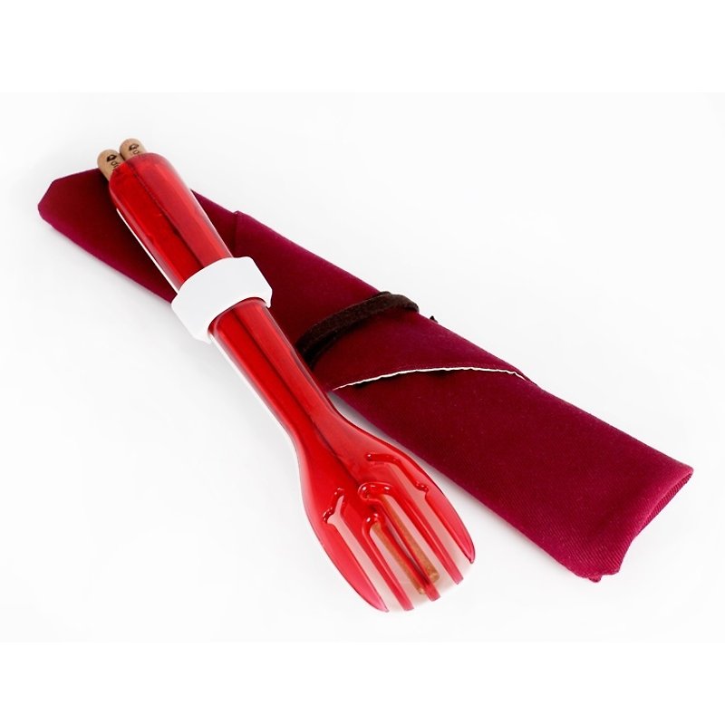 dipper 3合1環保餐具組-莓果紅叉/陶瓷湯匙 - 筷子/筷架 - 瓷 紅色