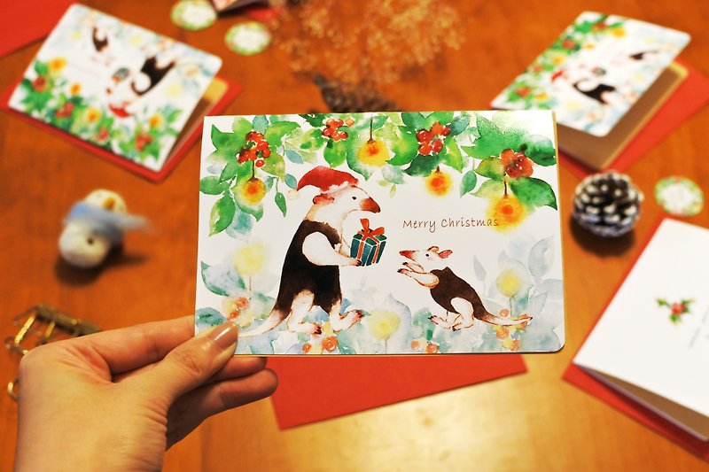 食蟻獸的聖誕禮_Rami水彩手繪風聖誕卡/單張含信封與貼紙 - 卡片/明信片 - 紙 