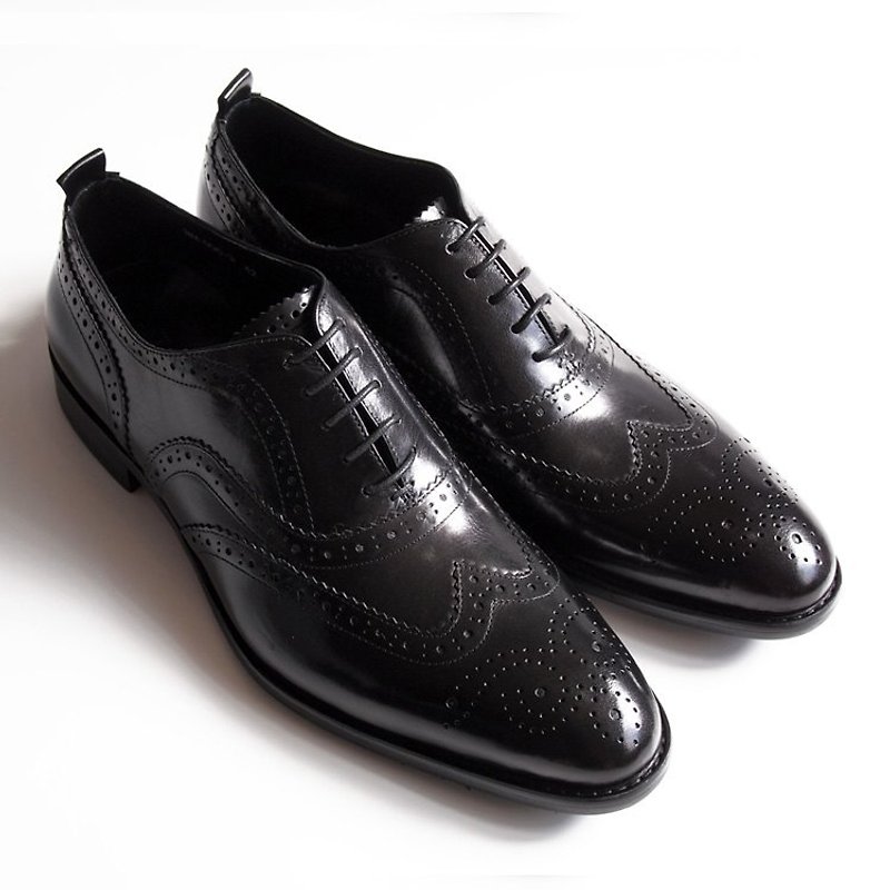[LMdH]C1A15-99小牛皮真皮翼紋雕花木跟手工牛津鞋‧黑色‧免運費 - Men's Casual Shoes - Genuine Leather Black