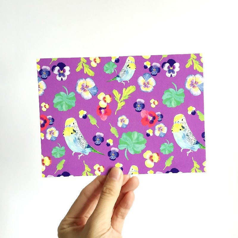 Budgie Pattern Postcard, floral pattern, pansy flower - การ์ด/โปสการ์ด - กระดาษ สีม่วง