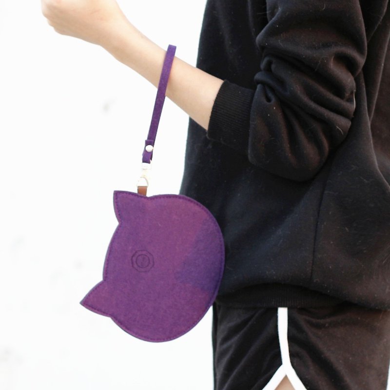 Wool Felt Cat Carrying Bag/Wrist Strap-Witch Purple Cat - Toiletry Bags & Pouches - Wool Purple