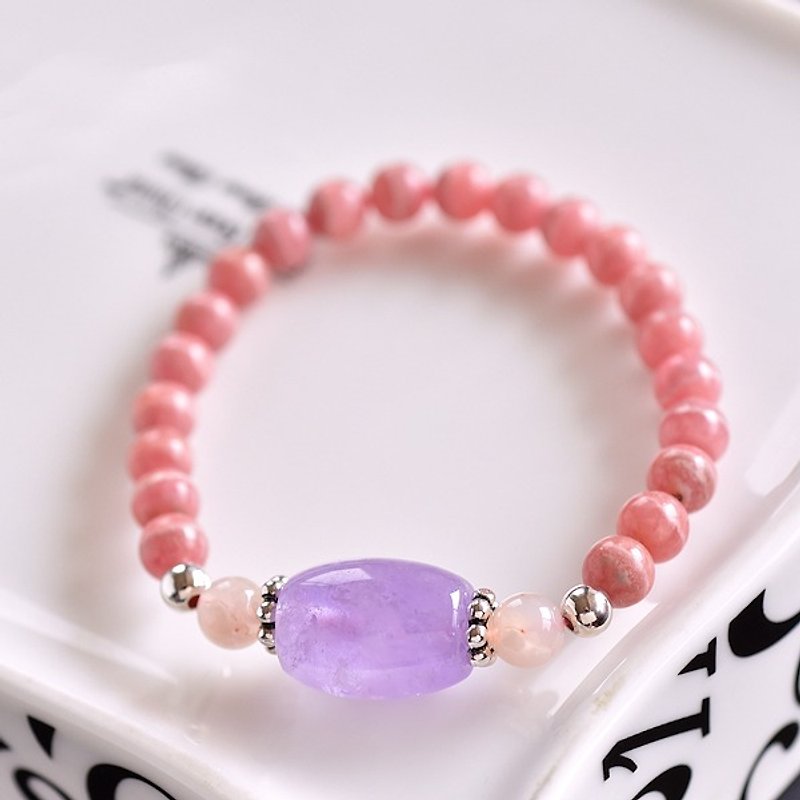 Lavender purple jade*cherry agate*rhodochrosite silver bracelet - สร้อยข้อมือ - เครื่องเพชรพลอย สึชมพู