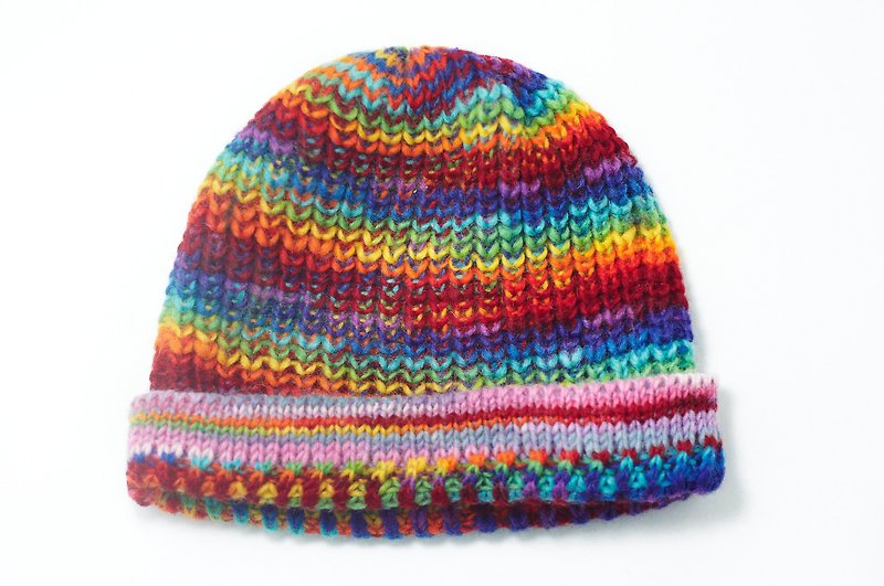 クリスマスプレゼント手織り（ネパール製）の純粋なウールの帽子/ニットキャップ/手織りキャップ - ストライプをブレンド虹色相 - 帽子 - その他の素材 多色