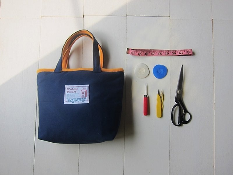 馬卡龍系列-帆布小號托特包海軍藍+芒果黃 - Handbags & Totes - Other Materials Multicolor