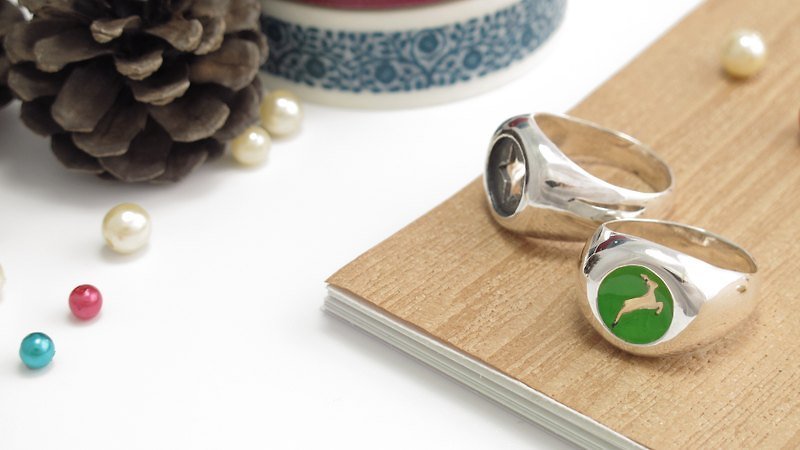 ART64 handmade design silverware ~ happy Christmas night - star round ring Christmas gift - แหวนทั่วไป - เงินแท้ สีเขียว