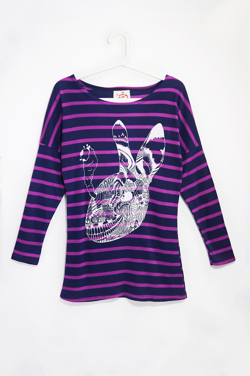 手感條紋長袖長版旅行T-爆炸兔(紫條紋) - 女 T 恤 - 棉．麻 紫色