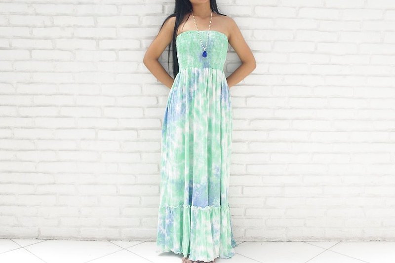 Uneven dyed Strapless Dress <Green Blue> - One Piece Dresses - Other Materials Green