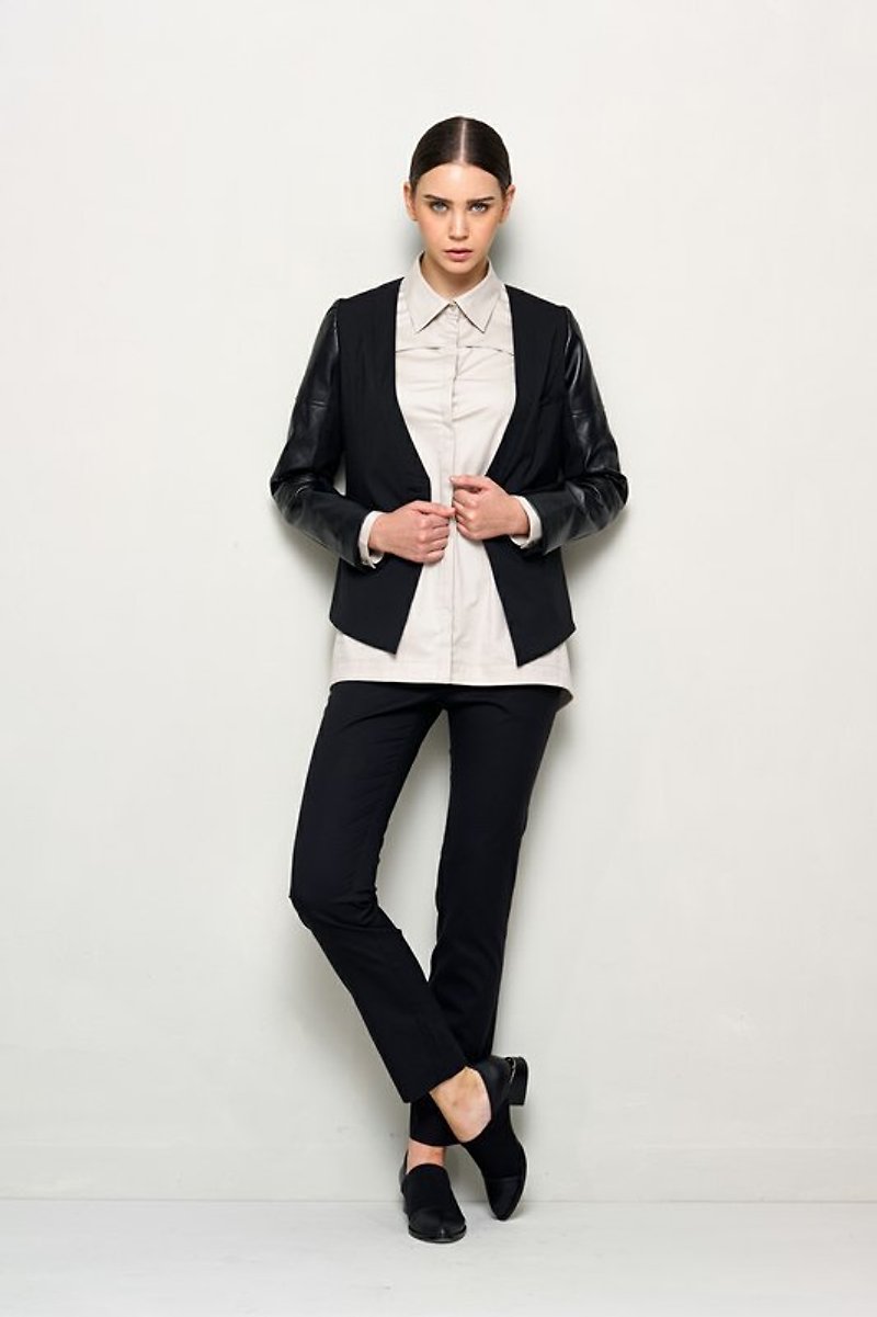 Different materials stitched jacket - เสื้อแจ็คเก็ต - ผ้าฝ้าย/ผ้าลินิน สีดำ