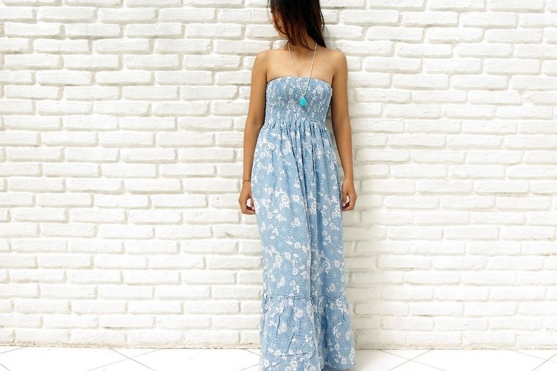 マーガレットプリントベアトップフリルワンピース＜ブルー＞ - 連身裙 - 其他材質 藍色