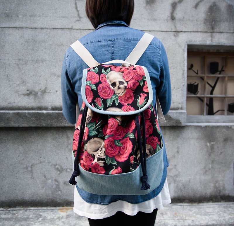 Pu. Leimi Japanese hand-made American made special printing Limited - Skull Rose / beam port Backpack - / tote / Backpack (limited number only two while supplies last) - Drawstring Bags - Other Materials Red