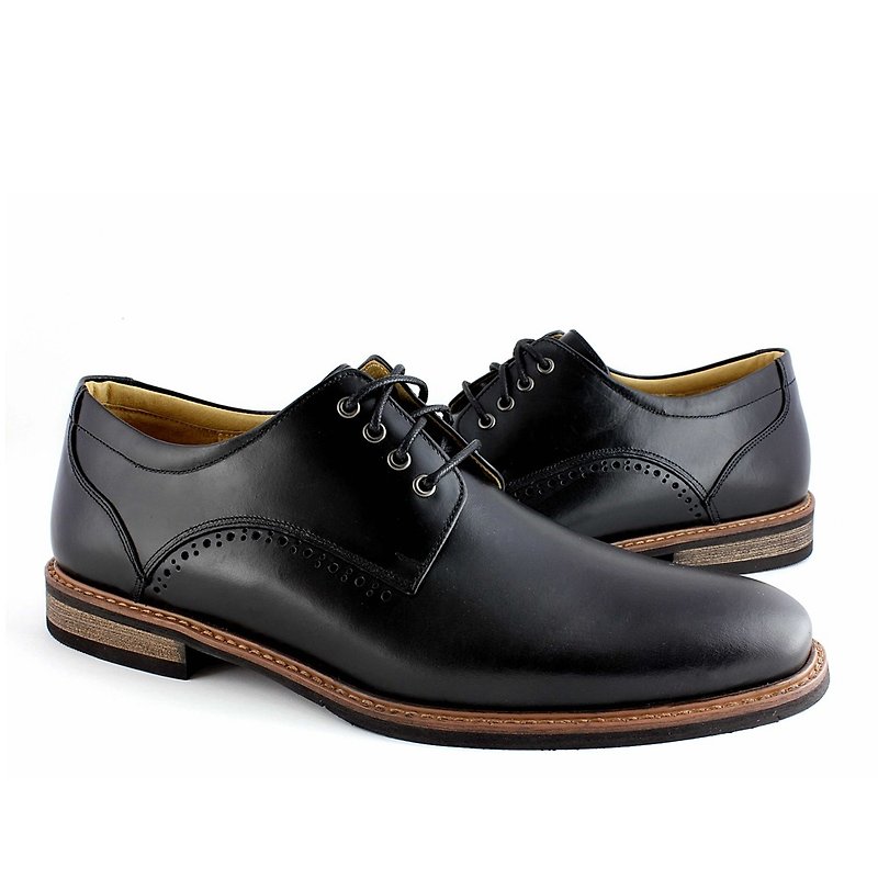 Temple filial good simple carved leather plain derby shoes black - รองเท้าลำลองผู้ชาย - หนังแท้ สีดำ
