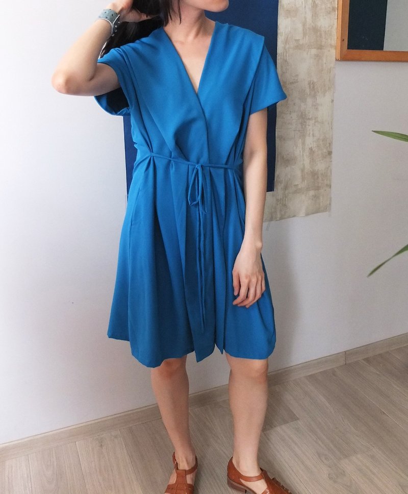 土耳其藍V領wrap dress(也可敞開當罩衫) - 洋裝/連身裙 - 其他材質 