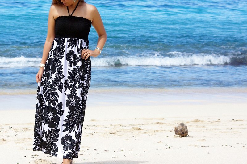Hibiscus print long dress black white - One Piece Dresses - Other Materials White