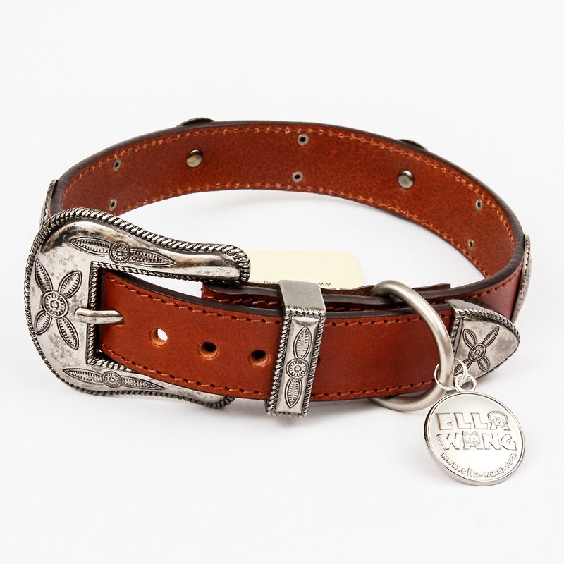 Ella Wang Design Metal Carved Round Brand Leather Collar-Brown (Coffee) Pet Collar - Collars & Leashes - Genuine Leather Brown