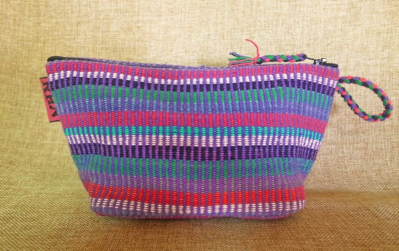 [Music tempo] <Taiwan exclusive hand-woven> Nepal rainbow hand workshop Cosmetic / Pencil / Universal Bag (purple color profile) - Toiletry Bags & Pouches - Cotton & Hemp Purple