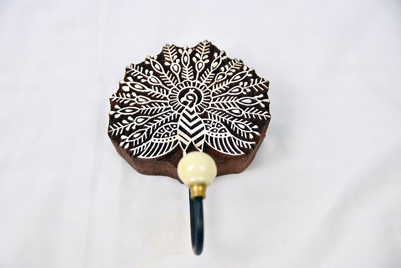 Woodcut peacock hook _ fair trade - Items for Display - Wood Brown