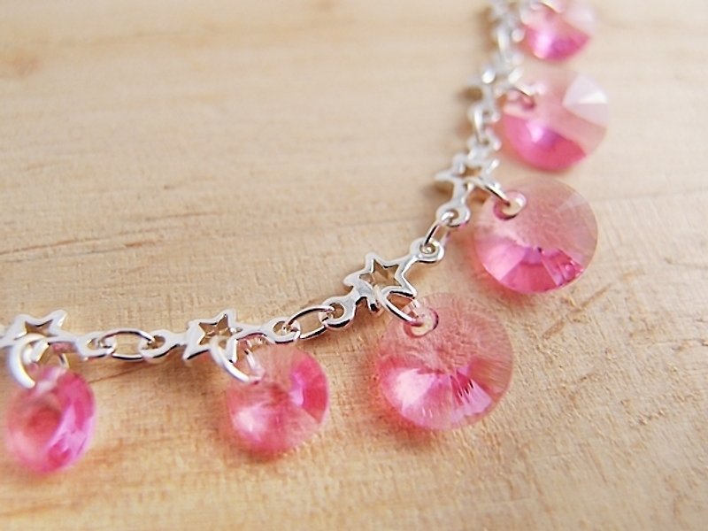 Stars full of sky [CB0005] Star chain x pink x Swarovski round crystal crystal x hypoallergenic and anti-fading silver bracelet x handmade - Bracelets - Other Materials Pink