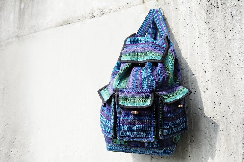 編織手感後背包-迷幻藍線條(僅存一件) - 背囊/背包 - 棉．麻 多色