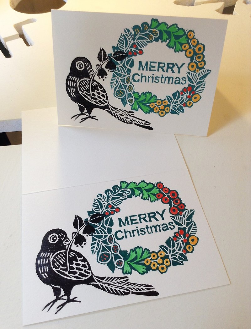 Hand printed version of Christmas - Christmas wreath and birds - Cards & Postcards - Paper Green