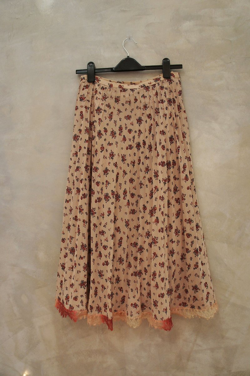 Color chiffon, red flowers and lace printing dye conjugate gradient edge vintage dress PdB - Skirts - Cotton & Hemp Pink