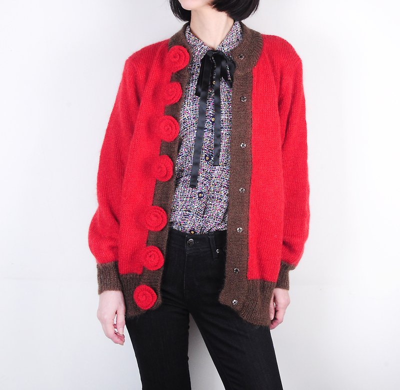 番茄柿子紅通通古着開襟毛衣 - Women's Sweaters - Other Materials Red