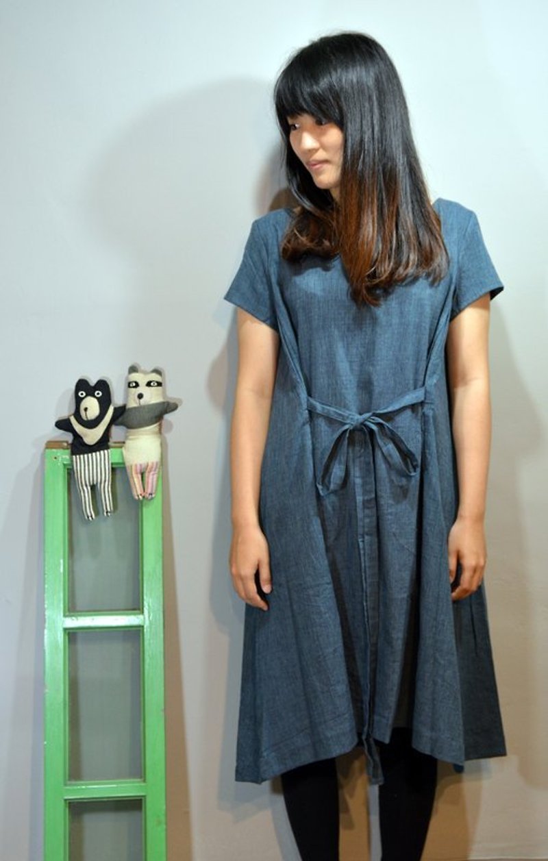 手織綁帶長洋裝＿藍綠 - ワンピース - コットン・麻 グリーン