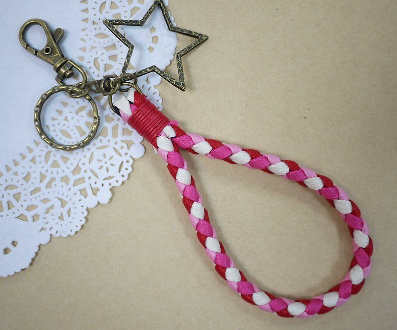 ~M+Bear~ Vintage woven key ring, Wax thread woven key ring (four-strand side: pink) - Other - Cotton & Hemp Pink