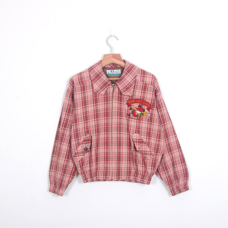 [Eggs] lob plant vintage Mickey Mouse embroidered plaid vintage baseball jacket - เสื้อแจ็คเก็ต - วัสดุอื่นๆ สีนำ้ตาล