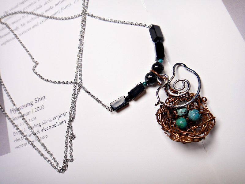 ◎ [paragraph] necklace turquoise unique bird's nest design * black chalcedony necklace long section of stainless steel - สร้อยคอ - โลหะ 