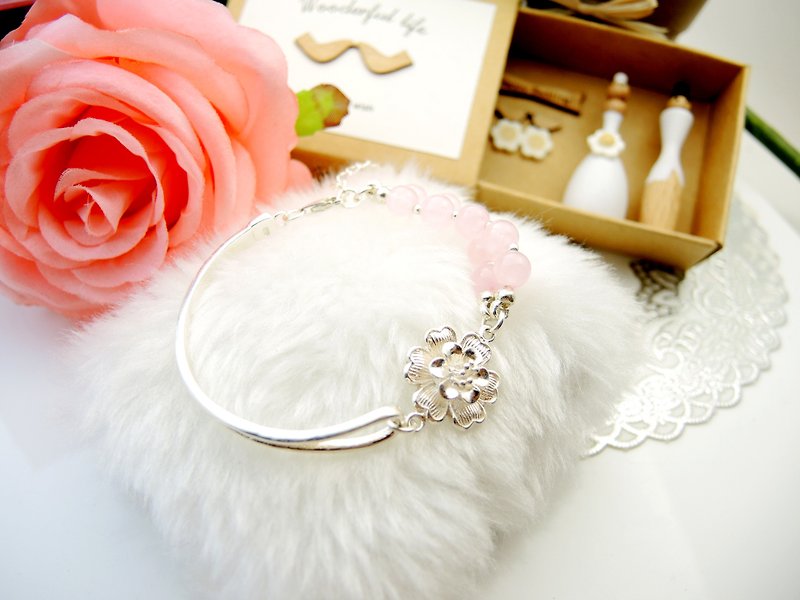 "Bride Flower Marriage" Magnificent Peony Romantic Ladies Pink Crystal 925 Sterling Silver Half Ring Bracelet - Bracelets - Gemstone Pink