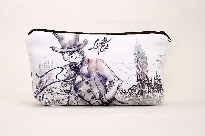 Meow good illustration wind Cosmetic / Pencil - Holmes cat (London fog) - กระเป๋าเครื่องสำอาง - วัสดุอื่นๆ ขาว
