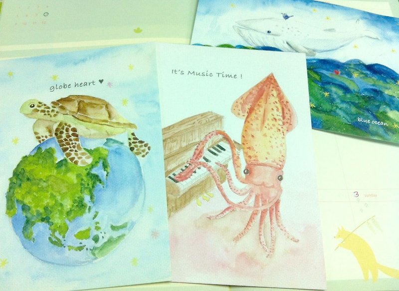 *Zoe's forest*海洋明信片3件組 小白鯨.海龜.烏賊 - 卡片/明信片 - 紙 