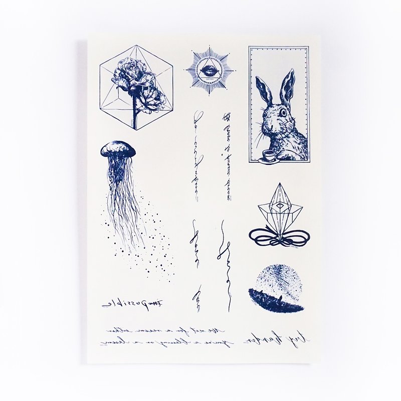 手繪動物剌青紋身貼紙 兔子 玫瑰花 幾何圖形 簡約 水母 英文書法 海洋｜LAZY DUO - 紋身貼紙 - 紙 藍色