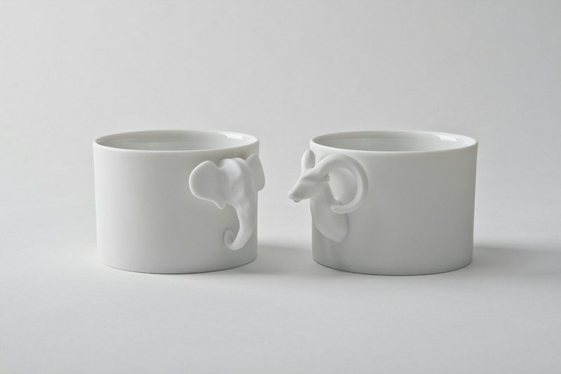 EZA白瓷山羊 白瓷大象杯 情人對杯 - 咖啡杯/馬克杯 - 瓷 白色