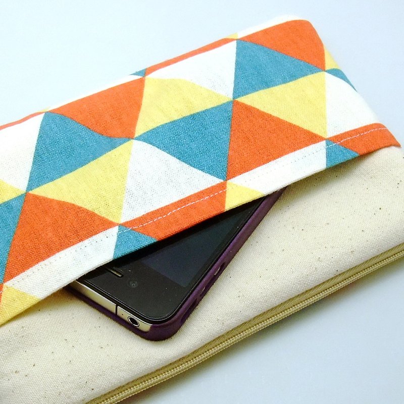 Large Zipper Pouch, Pencil Pouch, Gadget Bag, Cosmetic Bag, with a front pocket, Triangular pattern (ZL-26) - Clutch Bags - Cotton & Hemp Multicolor