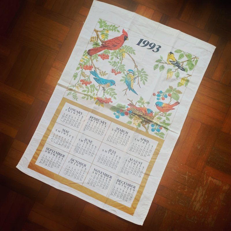 1993 Early American Canvas Calendar Parrot - Wall Décor - Cotton & Hemp Multicolor