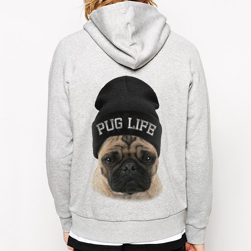 PUG LIFE Zip Hooded Jacket-Gray Pug Pug Dog Dog Animal - เสื้อฮู้ด - วัสดุอื่นๆ สีเทา