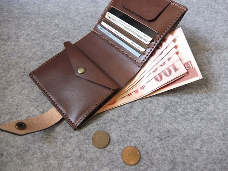 Leather straight copper buckle short clip + outer card pocket + coin purse dark wood color leather - Wallets - Genuine Leather 