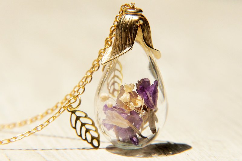แก้ว สร้อยคอ สีม่วง - Anniversary 5% off the whole museum / forest girl / French transparent glass ball leaf necklace-purple + lavender lover grass