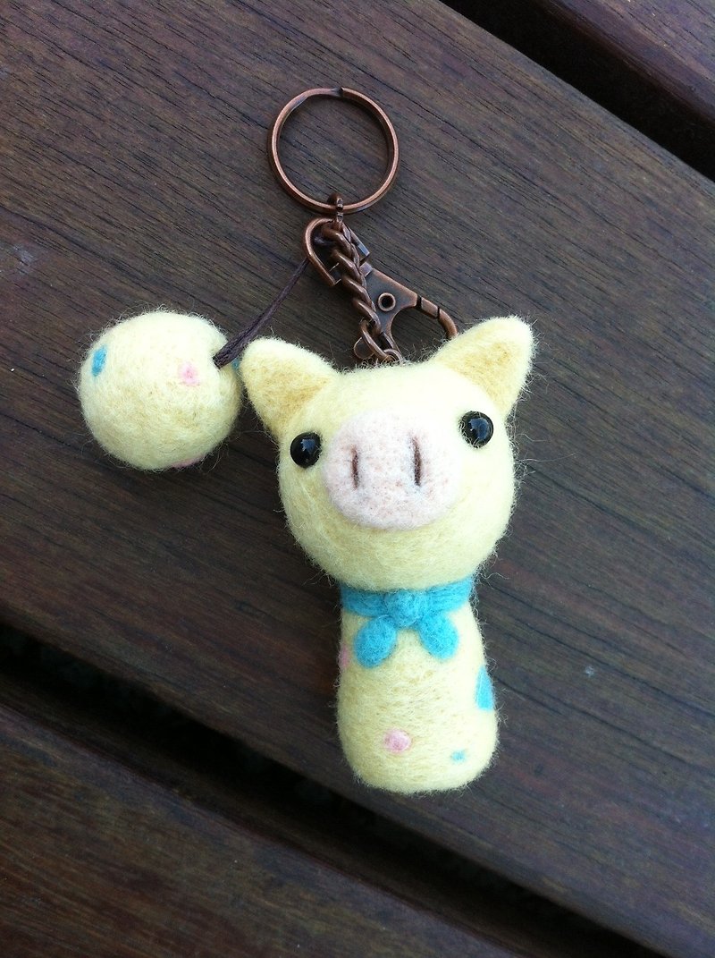 羊毛氈鵝黃豬頭鑰匙圈 - 鑰匙圈/鑰匙包 - 羊毛 黃色