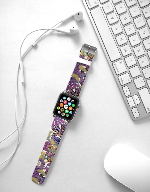 Freshion Apple Watch Series 1 , Series 2, Series 3 - Apple Watch 真皮手錶帶，適用於Apple Watch 及 Apple Watch Sport - Freshion 香港原創設計師品牌 - 紫色花樣圖紋 95