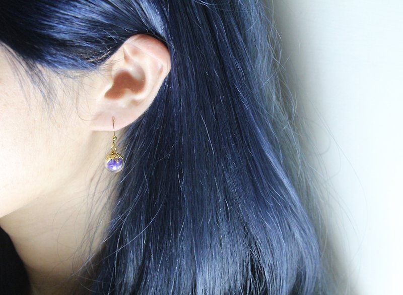 Glass Ball Dangle Earrings-Hydrangea あじさい - Earrings & Clip-ons - Glass Purple