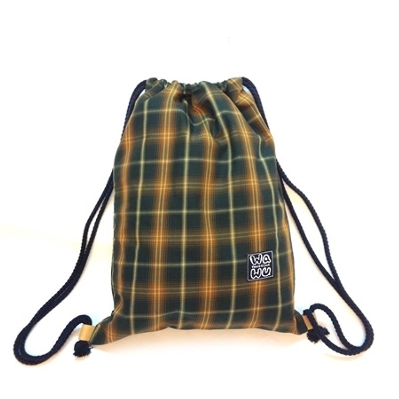 WaWu 束口後背包 / A4收納袋 (墨綠黃格) 日本布  *限量 - 水桶包/束口袋 - 其他材質 黑色