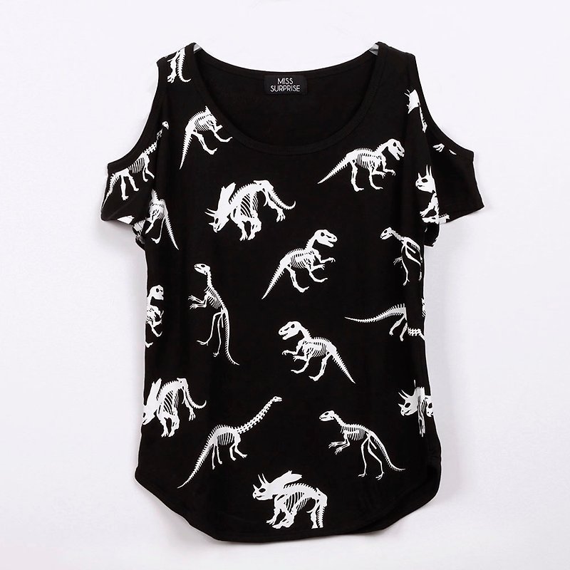 Miss Surprise / Jurassic dinosaur skeletons outing strapless tops - Women's T-Shirts - Other Materials Black