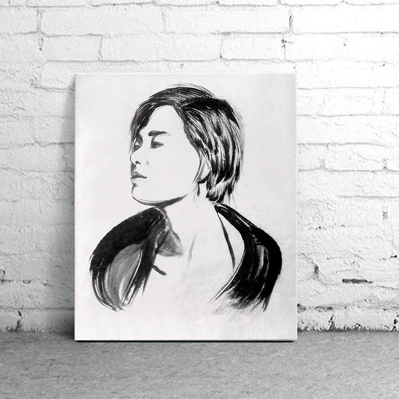 Custom hand-painted ink portrait 50cmx60cm living room painting - ภาพวาดบุคคล - กระดาษ ขาว