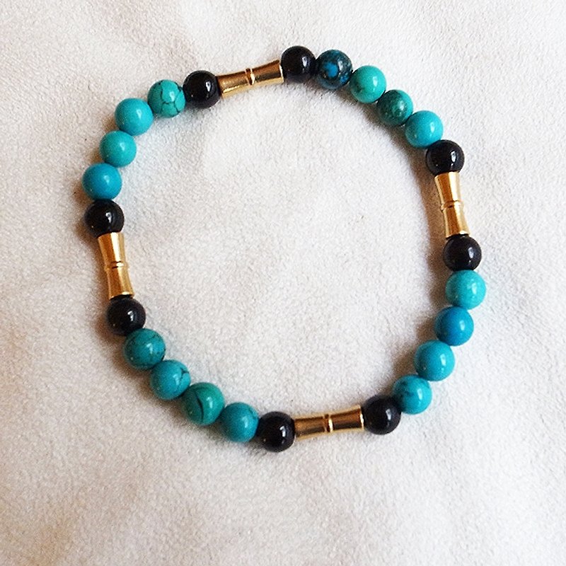 ☽ Qixi hand-made ☽ [07246] Obsidian with turquoise bamboo bracelet - สร้อยข้อมือ - วัสดุอื่นๆ สีเขียว